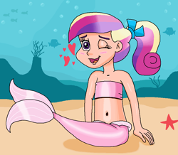 Size: 823x718 | Tagged: safe, artist:ocean lover, imported from derpibooru, princess cadance, fish, human, mermaid, starfish, bandeau, bare midriff, bare shoulders, belly, belly button, bow, bubble, child, coral, cute, cutedance, fins, fish tail, hair bow, happy, heart, human coloration, humanized, innocent, light skin, looking at you, mermaid princess, mermaid tail, mermaidized, mermay, midriff, ms paint, multicolored hair, ocean, one eye closed, outdoors, ponytail, princess of love, purple eyes, rock, royalty, sitting, sleeveless, species swap, tail, tail fin, underwater, water, wink, winking at you, young, young cadance