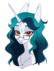 Size: 1689x2203 | Tagged: safe, artist:ruru_01, imported from derpibooru, oc, oc only, pony, unicorn, accessory, ear piercing, glasses, horn, long horn, long mane, looking at you, piercing, simple background, solo, white background