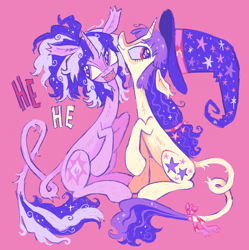 Size: 1982x1991 | Tagged: safe, artist:webkinzworldz, imported from derpibooru, oc, oc only, oc:midnight swirl, oc:nightowl, pony, unicorn, blaze (coat marking), bow, coat markings, colored sclera, cream coat, curly mane, curly tail, draw this in your style, duo, duo female, ear fluff, ear tufts, eyelashes, facial markings, fangs, female, floppy ears, hat, horn, leonine tail, long mane, long neck, long tail, looking away, looking up, mare, open mouth, open smile, pink background, pink coat, ponytail, profile, purple eyes, purple mane, purple sclera, purple tail, raised hoof, raised hooves, red eyes, red text, scheming, sharp teeth, simple background, sitting, slender, smiling, sparkly eyes, sparkly mane, sparkly tail, tail, tail bow, tail fluff, talking, teeth, text, thin, thin legs, thin tail, tied mane, two toned mane, two toned tail, unicorn horn, unicorn oc, wingding eyes, wizard hat, yellow sclera, yellow text