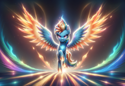 Size: 2432x1664 | Tagged: safe, imported from derpibooru, rainbow dash, pegasus, pony, ai content, ai generated, chest fluff, ear fluff, female, fiery hooves, fiery wings, generator:bluefox mix, generator:stable diffusion, glowing, glowing eyes, high res, large wings, looking at you, mare, orange wings, prompter:adorablebluefox, rainbow road, raised hoof, running, scenery, short mane, smiling, solo, spread wings, stern, wings