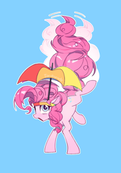 Size: 1668x2388 | Tagged: safe, artist:6ji5z6gmst1j2vs, imported from derpibooru, pinkie pie, earth pony, pony, female, hat, light blue background, mare, open mouth, pinkie sense, simple background, solo, standing on two hooves, tail, twitchy tail, umbrella hat