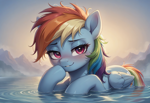 Size: 1216x832 | Tagged: safe, imported from derpibooru, rainbow dash, pegasus, pony, ai content, ai generated, beautiful, blushing, cute, dashabetes, female, generator:bluefox mix, generator:stable diffusion, lake, looking at you, mare, mountain, mountain range, prompter:adorablebluefox, raised hoof, scenery, smiling, solo, swimming, water, weapons-grade cute, wings