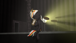 Size: 3840x2160 | Tagged: safe, imported from derpibooru, oc, oc:velvet remedy, fallout equestria, 3d, concert, drums, lamp, microphone, musical instrument, scene, singing, sitting, source filmmaker