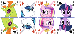Size: 6400x3000 | Tagged: safe, artist:parclytaxel, imported from derpibooru, princess cadance, shining armor, thorax, twilight sparkle, alicorn, changedling, changeling, pony, unicorn, series:parcly's pony pattern playing cards, .svg available, absurd resolution, bust, female, grin, horn, king of clubs, king of diamonds, king of hearts, king of spades, king thorax, looking at you, male, mare, playing card, portrait, rotational symmetry, simple background, smiling, smiling at you, stallion, tarot card, twilight sparkle (alicorn), vector, white background