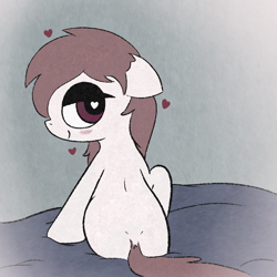 Size: 1020x1020 | Tagged: safe, artist:castafae, imported from derpibooru, oc, oc only, oc:velveteen, earth pony, pony, bed, bedroom eyes, blushing, butt, female, floating heart, floppy ears, heart, heart eyes, looking at you, looking back, looking back at you, mare, plot, raised hoof, rear view, smiling, solo, wingding eyes