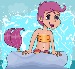 Size: 746x683 | Tagged: safe, artist:ocean lover, imported from derpibooru, scootaloo, human, mermaid, bandeau, bare midriff, bare shoulders, belly, belly button, boulder, child, cloud, cute, cutealoo, disney, fins, fish tail, happy, human coloration, humanized, looking at someone, mermaid lovers, mermaid tail, mermaidized, mermay, midriff, moderate dark skin, ms paint, ocean, open mouth, outdoors, part of your world, purple eyes, purple hair, rock, short hair, singing, sleeveless, species swap, splashing, tail, tail fin, the little mermaid, tomboy, water, wave
