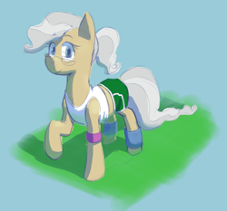 Size: 1100x1026 | Tagged: safe, artist:hitsuji, imported from derpibooru, mayor mare, pony, booty shorts, clothes, leg warmers, looking at you, ponytail, shirt, simple background, solo