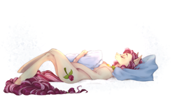 Size: 2368x1439 | Tagged: safe, artist:horrible_coronation, imported from derpibooru, roseluck, pony, alternate hairstyle, collar, commission, commissioner:doom9454, crossed legs, hug, lying down, pet tag, pillow, pillow hug, pony pet, rosepet, sleeping