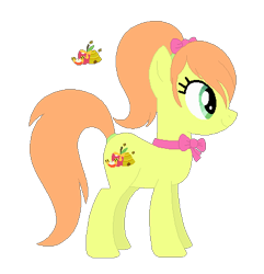 Size: 426x442 | Tagged: safe, artist:selenaede, artist:user15432, imported from derpibooru, oc, oc:honeycomb apple, bee, earth pony, insect, pony, apple, apple slice, base used, bee hive, bow, cutie mark, food, green eyes, hair bow, honey, orange mane, orange tail, pink bow, ponytail, simple background, smiling, solo, tail, transparent background, yellow coat