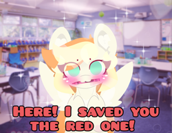 Size: 4096x3185 | Tagged: safe, artist:sodapop sprays, imported from derpibooru, oc, oc:sodapop sprays, pegasus, pony, blushing, classroom, crayon, ear fluff, eye clipping through hair, happy, looking at you, meme, red crayon, solo