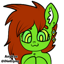 Size: 1024x1024 | Tagged: safe, artist:anykoe, artist:dialliyon, imported from derpibooru, oc, oc:anguis flake, lamia, original species, animated, blushing, brown mane, cute, ear fluff, ear piercing, earring, female, gif, green skin, hypno eyes, hypnosis, jewelry, kaa eyes, looking at you, loop, perfect loop, piercing, signature, simple background, solo, tongue out, transparent background