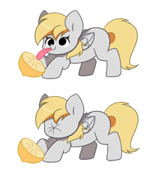 Size: 4360x4718 | Tagged: safe, artist:kittyrosie, imported from derpibooru, derpy hooves, pegasus, pony, 2 panel comic, cartoon physics, comic, cute, derpabetes, female, food, lemon, licking, mare, no catchlights, scrunchy face, simple background, smiling, solo, sour, tongue out, white background