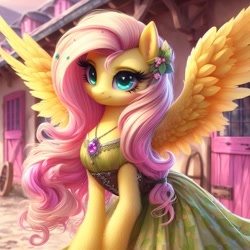 Size: 1024x1024 | Tagged: safe, imported from ponybooru, fluttershy, pegasus, pony, ai content, ai generated, bing, clothes, dress, female, green dress, jewelry, leaves in hair, mare, ponyville, smiling, solo, spread wings, wings