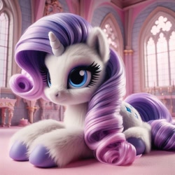 Size: 1024x1024 | Tagged: safe, imported from ponybooru, rarity, pony, unicorn, ai content, ai generated, bing, castle, female, fluffy, indoors, mare, prone, solo, unshorn fetlocks, window