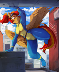 Size: 2457x3000 | Tagged: safe, artist:hakkids2, imported from derpibooru, oc, oc only, oc:primepeak, anthro, pegasus, anthro oc, building, city, clothes, female, frown, high res, pegasus oc, solo, spread wings, teeth, uniform, wings, wonderbolts uniform