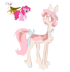 Size: 1420x1466 | Tagged: safe, artist:webkinzworldz, imported from derpibooru, part of a set, gilda, pinkie pie, oc, oc:kitten caboodle, griffon, hippogriff, hybrid, pony, :<, big eyes, blue bow, blue eyeshadow, blue hooves, bow, brown eyes, cheek fluff, chest fluff, coat markings, colored, colored claws, colored hooves, cream coat, ear tufts, eye clipping through hair, eyelashes, eyeshadow, facial markings, female, gildapie, headband, heart, heart mark, hippogriff oc, hybrid oc, interspecies offspring, leg fluff, lesbian, long legs, long neck, long tail, looking up, magical lesbian spawn, makeup, neck bow, next generation, offspring, parent:gilda, parent:pinkie pie, parents:gildapie, shiny mane, shiny tail, shipping, short mane, simple background, slender, solo, standing, star (coat marking), tail, tail bow, tall ears, thin, thin legs, trio, two toned mane, two toned tail, vector, white background, wingding eyes