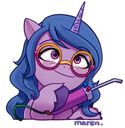 Size: 1144x1170 | Tagged: safe, artist:maren, imported from derpibooru, izzy moonbow, pony, unicorn, cute, female, g5, glasses, horn, izzybetes, mare, simple background, smiling, solo, welding