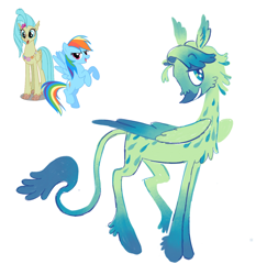 Size: 1302x1340 | Tagged: safe, artist:webkinzworldz, imported from derpibooru, part of a set, princess skystar, rainbow dash, oc, oc:spindrift, classical hippogriff, hippogriff, pony, my little pony: the movie, beak, blue tail, cheek fluff, chest fluff, coat markings, colored wings, colored wingtips, curly tail, dashstar, eyebrows, eyebrows visible through hair, female, folded wings, gradient hair, gradient legs, gradient wings, green coat, green eyes, green feathers, interspecies offspring, large wings, leg fluff, leonine tail, lesbian, lidded eyes, long legs, looking back, magical lesbian spawn, next generation, offspring, parents:dashstar, profile, raised eyebrow, shipping, simple background, slender, smiling, socks (coat markings), spots, spotted, standing, tail, teal eyes, thin, thin legs, trio, two toned wings, vector, white background, wingding eyes, wings