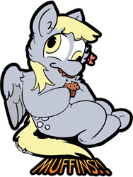 Size: 1620x2160 | Tagged: safe, artist:felixmcfurry, imported from derpibooru, derpy hooves, pegasus, pony, :p, exclamation point, female, food, interrobang, muffin, question mark, simple background, solo, text, that pony sure does love muffins, tongue out, transparent background