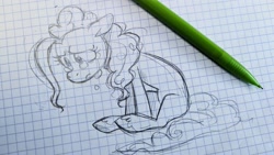 Size: 2048x1152 | Tagged: safe, artist:imalou, imported from derpibooru, pinkie pie, earth pony, pony, crying, female, graph paper, mare, paper, pencil, pencil drawing, photo, sad, sitting, sketch, solo, teary eyes, traditional art