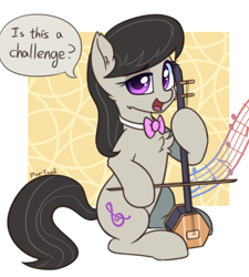 Size: 1642x1827 | Tagged: safe, artist:puetsua, imported from derpibooru, octavia melody, earth pony, pony, bowtie, cheek fluff, chest fluff, cute, dialogue, ear fluff, erhu, female, hoof hold, looking at you, mare, music notes, musical instrument, octavia's bowtie, open mouth, open smile, sitting, smiling, smiling at you, solo, speech bubble, tail, tavibetes