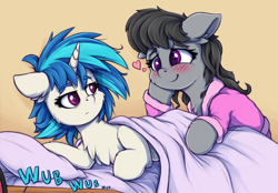 Size: 900x628 | Tagged: safe, artist:zeepheru_pone, imported from derpibooru, dj pon-3, octavia melody, vinyl scratch, earth pony, pony, unicorn, atg 2023, blanket, blushing, chest fluff, cute, duo, duo female, ear fluff, female, heart, heart eyes, horn, lesbian, looking at each other, looking at someone, lying down, mare, newbie artist training grounds, pillow, scratchtavia, shipping, simple background, smiling, tavibetes, vinylbetes, wingding eyes