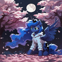 Size: 2048x2048 | Tagged: safe, imported from derpibooru, princess luna, alicorn, pony, ai content, ai generated, cherry blossoms, clothes, crown, female, flower, flower blossom, full moon, generator:pony diffusion v6 xl, generator:stable diffusion, hoodie, horn, jewelry, looking down, mare, moon, night, prompter:liladash, regalia, sitting, solo, wings