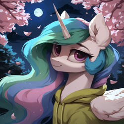 Size: 2048x2048 | Tagged: safe, imported from derpibooru, princess celestia, alicorn, pony, ai content, ai generated, cherry blossoms, close-up, clothes, ear fluff, female, flower, flower blossom, full moon, generator:pony diffusion v6 xl, generator:stable diffusion, hoodie, horn, looking at you, mare, moon, night, prompter:liladash, wings