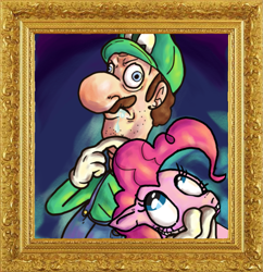 Size: 1303x1348 | Tagged: safe, artist:freakazoidthunk, imported from derpibooru, pinkie pie, earth pony, human, pony, clothes, drool, facial hair, gloves, hat, luigi, mama luigi, moustache, picture frame, plumber, retarded, super mario bros., suspenders