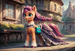 Size: 1216x832 | Tagged: safe, imported from derpibooru, sunny starscout, ai content, ai generated, bag, braid, building, clothes, dress, frilly dress, g5, generator:autismmix pony, generator:stable diffusion, outdoors, prompter:kluknawa235, sky, smiling, solo, standing, victorian
