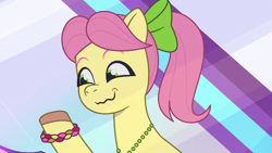 Size: 3300x1856 | Tagged: safe, imported from derpibooru, screencap, earth pony, pony, spoiler:g5, spoiler:my little pony: tell your tale, spoiler:tyts02e13, female, forced smile, g5, mare, my little pony: tell your tale, p + p = bffs, posey bloom, smiling, solo, wavy mouth