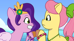 Size: 1920x1080 | Tagged: safe, imported from derpibooru, screencap, pipp petals, earth pony, pegasus, pony, spoiler:g5, spoiler:my little pony: tell your tale, spoiler:tyts02e13, bracelet, duo, duo female, female, friendship bracelet, g5, grin, hooves together, jewelry, looking at each other, looking at someone, mare, my little pony: tell your tale, p + p = bffs, posey bloom, smiling