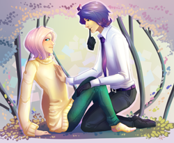 Size: 1930x1586 | Tagged: safe, artist:natanatfan, imported from derpibooru, fluttershy, rarity, human, butterscotch, buttersive, cherry blossoms, clothes, elusive, feet, female, flarity, flower, flower blossom, gay, gloves, hand on chest, humanized, kneeling, lesbian, lip bite, looking sideways, male, mouth hold, necktie, rule 63, shipping, sitting, socks, stocking feet, sweater