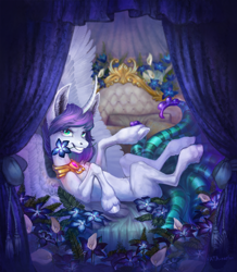 Size: 2160x2477 | Tagged: safe, artist:natanatfan, imported from derpibooru, oc, oc only, oc:netori, alicorn, pony, alicorn oc, bed, belly, curtains, curved horn, flower, flower in mouth, grin, high res, horn, jewelry, looking at you, lying down, male, mouth hold, on back, smiling, stallion, tentacles, thin, unshorn fetlocks, wings