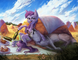 Size: 2598x2000 | Tagged: safe, artist:natanatfan, imported from derpibooru, oc, oc only, oc:cork dork, dog, earth pony, husky, pony, bottle, food, hay, haystack, high res, looking at you, muffin, open mouth, picnic, picnic blanket, pie, scenery, sitting, smiling, solo, wine bottle