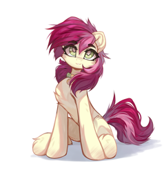 Size: 3906x4096 | Tagged: safe, artist:jfrxd, imported from derpibooru, roseluck, earth pony, pony, chest fluff, collar, eyebrows, eyebrows visible through hair, female, flower, looking at you, looking up, mare, rose, rosepet, simple background, sitting, smiling, solo, white background