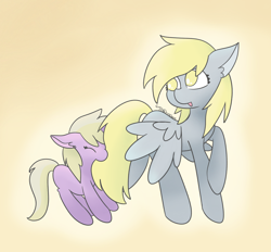 Size: 3598x3346 | Tagged: safe, artist:tkshoelace, imported from derpibooru, derpy hooves, dinky hooves, pegasus, pony, unicorn, duo, duo female, ear fluff, eyes closed, female, filly, floppy ears, foal, horn, looking at someone, mare, mother and child, mother and daughter, open mouth, raised hoof, simple background, spread wings, wings, wings down