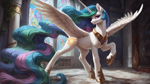 Size: 1920x1080 | Tagged: safe, imported from derpibooru, princess celestia, alicorn, pony, ai content, ai generated, canterlot castle, concave belly, female, full body, generator:pony diffusion v6 xl, generator:stable diffusion, horn, indoors, looking at you, mare, pose, prompter:truekry, smiling, smiling at you, solo, spread wings, stained glass, wings