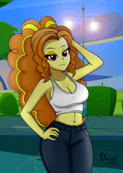 Size: 1280x1812 | Tagged: safe, artist:danielitamlp, imported from derpibooru, adagio dazzle, human, equestria girls, armpits, belly button, breasts, busty adagio dazzle, cleavage, clothes, denim, female, hand on head, hand on hip, jeans, looking at you, midriff, pants, smiling, solo, streetlight, stupid sexy adagio dazzle, tanktop