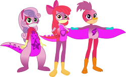 Size: 2727x1674 | Tagged: safe, artist:dupontsimon, imported from derpibooru, apple bloom, scootaloo, sweetie belle, bird, human, kangaroo, lizard, fanfic:choose your own magic ending, equestria girls, fanfic art, road runner, simple background, superhero, transparent background, trio, vector