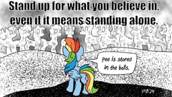 Size: 1200x675 | Tagged: safe, artist:pony-berserker, imported from derpibooru, rainbow dash, pegasus, pony, blank ponies, crowd, folded wings, meme, motivational poster, pee is stored in the balls, pony-berserker's twitter sketches, pony-berserker's twitter sketches (2024), pseudomotivational, rainbow dash is a goddamn moron, signature, speech bubble, unnamed character, unnamed pony, wings