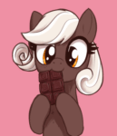 Size: 600x700 | Tagged: safe, artist:szafir87, artist:t72b, imported from derpibooru, oc, oc only, oc:savory truffle, earth pony, pony, animated, chocolate, cute, daaaaaaaaaaaw, eating, female, food, gif, hoof hold, mare, nom, ocbetes, pink background, simple background, solo, szafir87 is trying to murder us, t72b is trying to murder us, weapons-grade cute