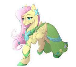 Size: 4000x3505 | Tagged: safe, artist:fosha, imported from derpibooru, fluttershy, pegasus, pony, clothes, colored eyebrows, dress, eyebrows, female, flower, flower in hair, foal, folded wings, full body, gala dress, mare, pink hair, shadow, simple background, solo, white background, wings, younger