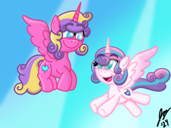 Size: 2160x1620 | Tagged: safe, artist:jesslmc16, imported from derpibooru, princess flurry heart, princess skyla, alicorn, pony, colored wings, crystal heart, curly hair, curly mane, digital art, duo, duo female, female, filly, flying, foal, full body, headcanon, hooves, horn, multicolored hair, multicolored wings, no pupils, procreate app, siblings, signature, sisters, sky background, wings