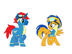 Size: 2048x1536 | Tagged: safe, artist:ry-bluepony1, imported from derpibooru, oc, oc only, oc:flare spark, oc:train track, pegasus, pony, unicorn, clothes, duo, duo male and female, female, goggles, goggles on head, horn, male, non-pegasus wonderbolt, simple background, transparent background, uniform, wings, wonderbolt trainee uniform, wonderbolts, wonderbolts uniform