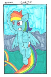 Size: 1026x1543 | Tagged: safe, artist:cmara, imported from derpibooru, rainbow dash, pegasus, pony, female, flying, grin, marker drawing, rainbow trail, smiling, solo, traditional art