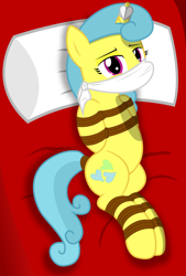 Size: 2900x4300 | Tagged: safe, alternate version, artist:cardshark777, imported from derpibooru, lemon hearts, pony, unicorn, bed, bed sheets, bondage, bound and gagged, cloth gag, female, femsub, gag, heart, helpless, hooves behind back, horn, horn ring, jewelry, lidded eyes, looking at you, lying down, magic suppression, mare, over the nose gag, pillow, restrained, ring, rope, rope bondage, smiling, solo, submissive, tied up