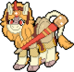 Size: 640x624 | Tagged: safe, artist:bloonacorn, imported from derpibooru, oc, oc only, oc:gloria graces, kirin, digital art, kirin oc, lance, leonine tail, magic, pixel art, simple background, solo, tail, telekinesis, transparent background, weapon