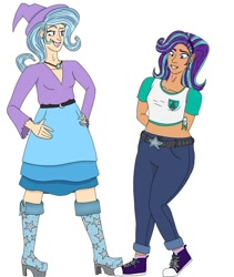 Size: 640x758 | Tagged: artist needed, safe, imported from derpibooru, starlight glimmer, trixie, equestria girls, belt, boots, clothes, converse, denim, duo, duo female, female, high heel boots, jeans, pants, shirt, shoes, simple background, white background