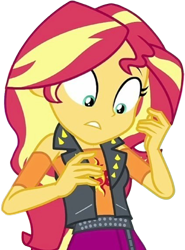 Size: 1866x2520 | Tagged: safe, edit, edited screencap, editor:homersimpson1983, imported from derpibooru, screencap, sunset shimmer, human, equestria girls, background removed, belt, clothes, female, frown, looking down, not a vector, vest